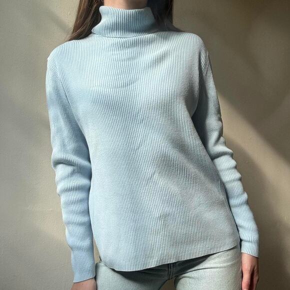 Vintage Ann Taylor Light Blue Ribbed Long Sleeve Turtleneck Women’s Medium - Picture 1 of 5